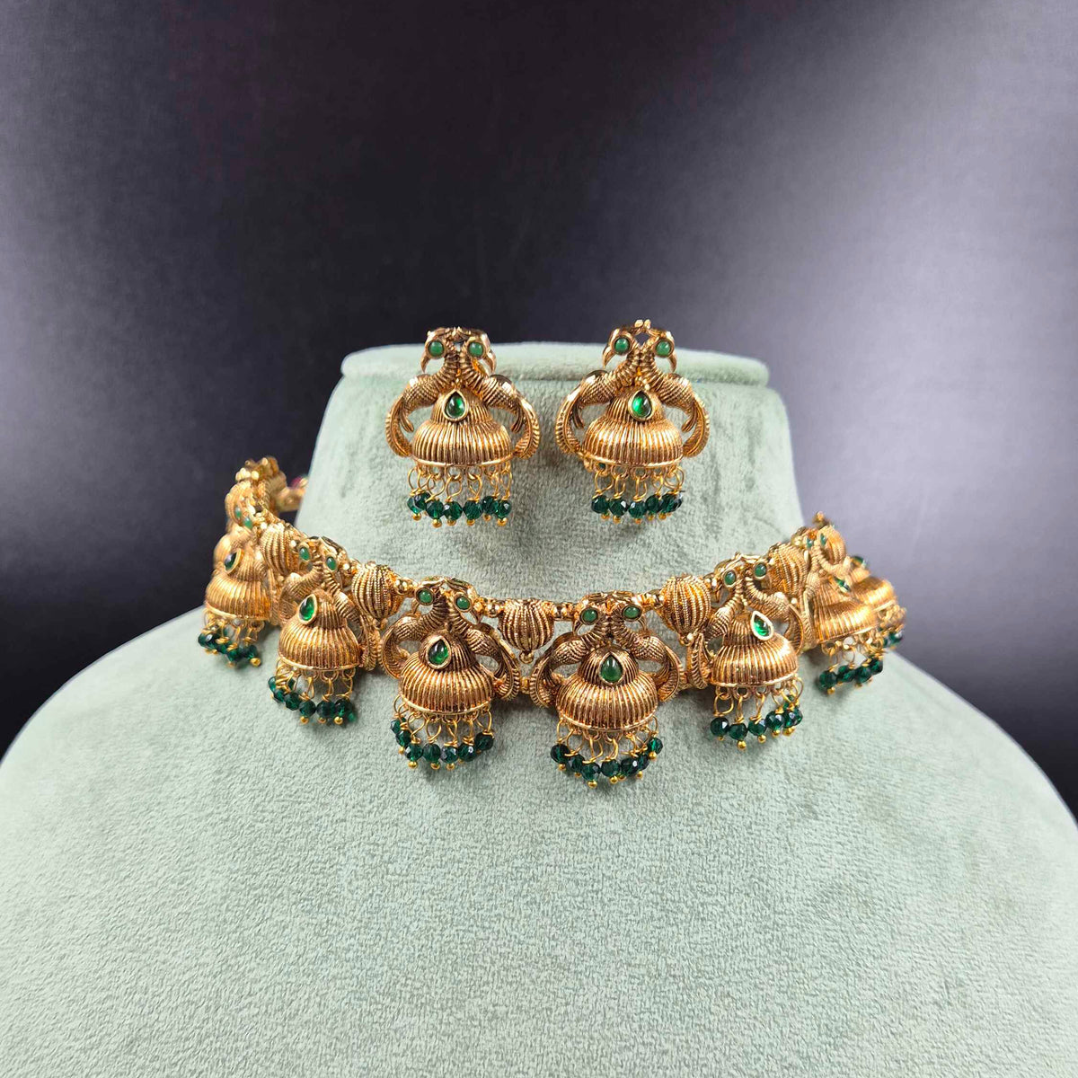 Peacock Jhumka Necklace Set with Green Beads