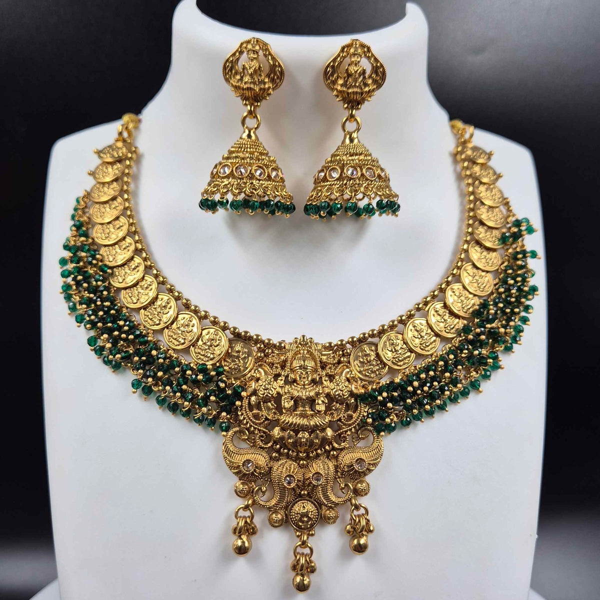 Lakshmi Coin Necklace with Green Beads |