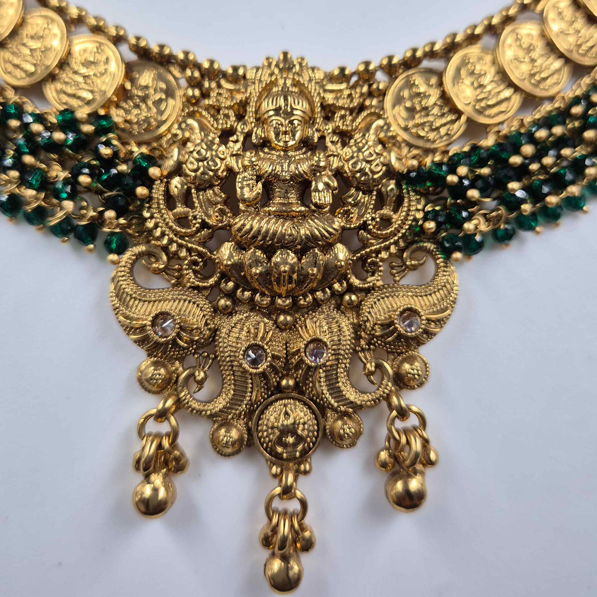 Lakshmi Coin Necklace with Green Beads |