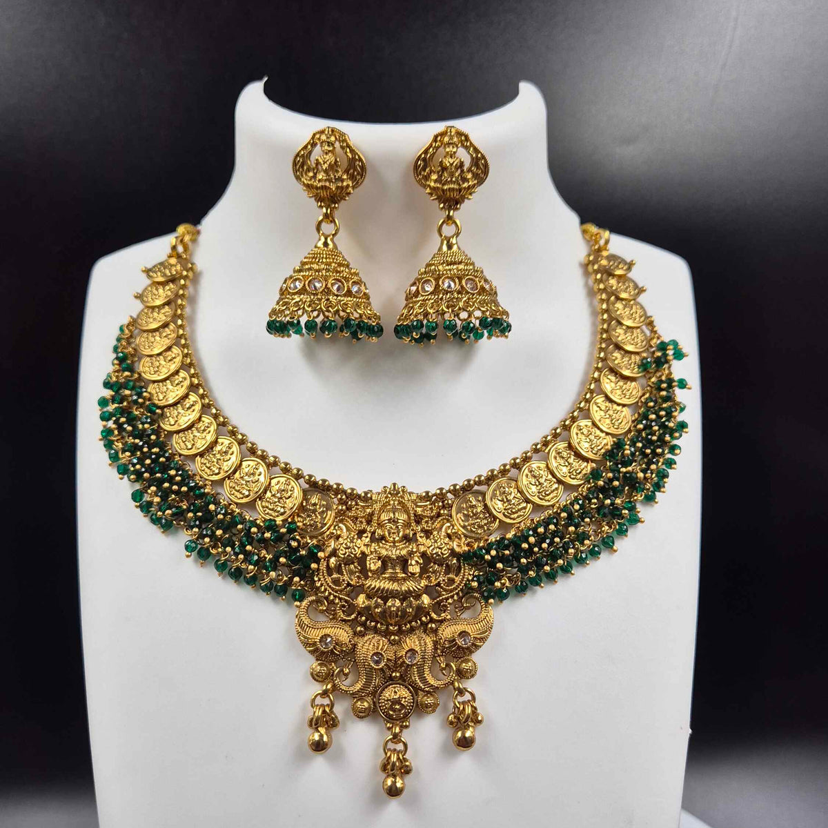 Lakshmi Coin Necklace with Green Beads |