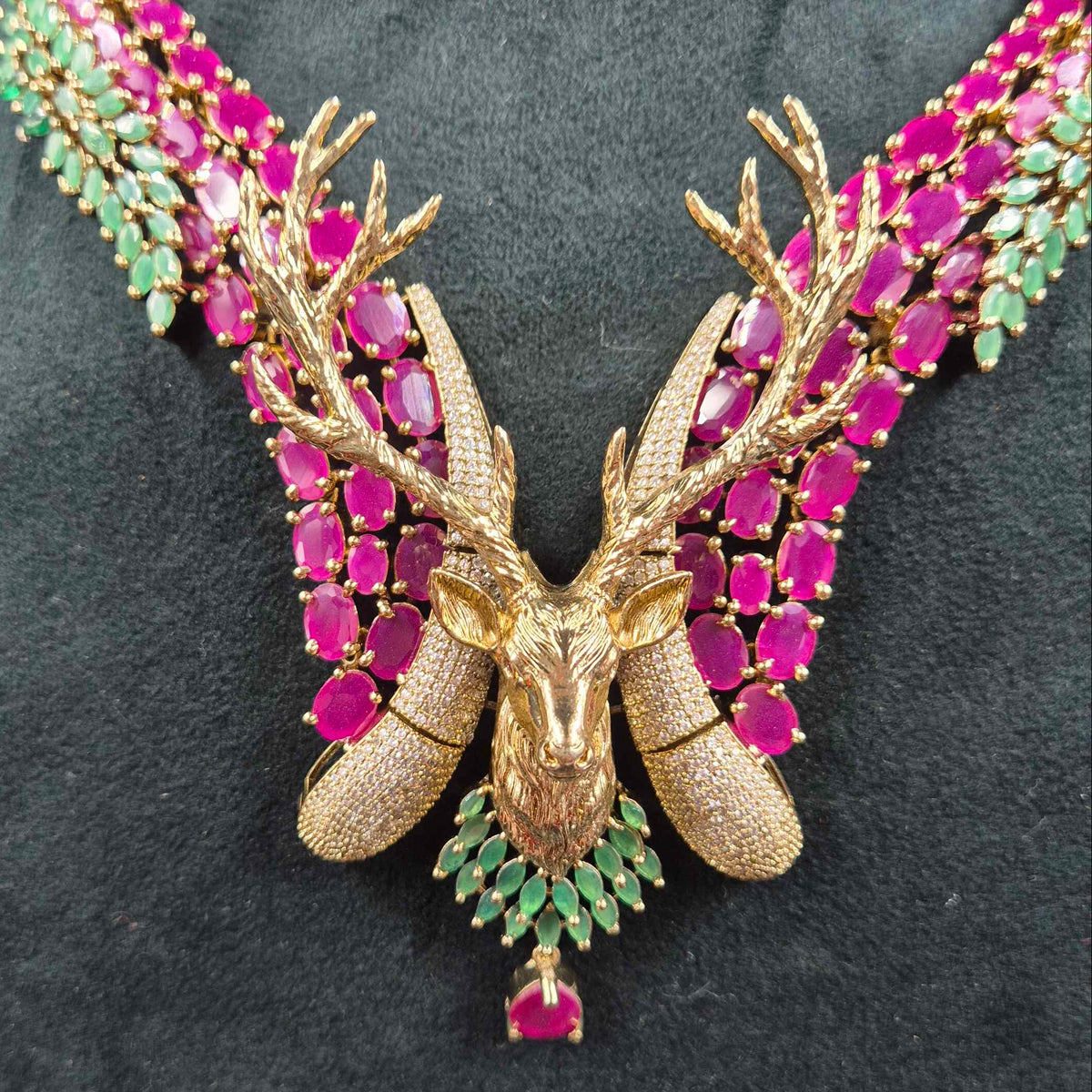 Deer Pendant Ruby and Green Necklace Set