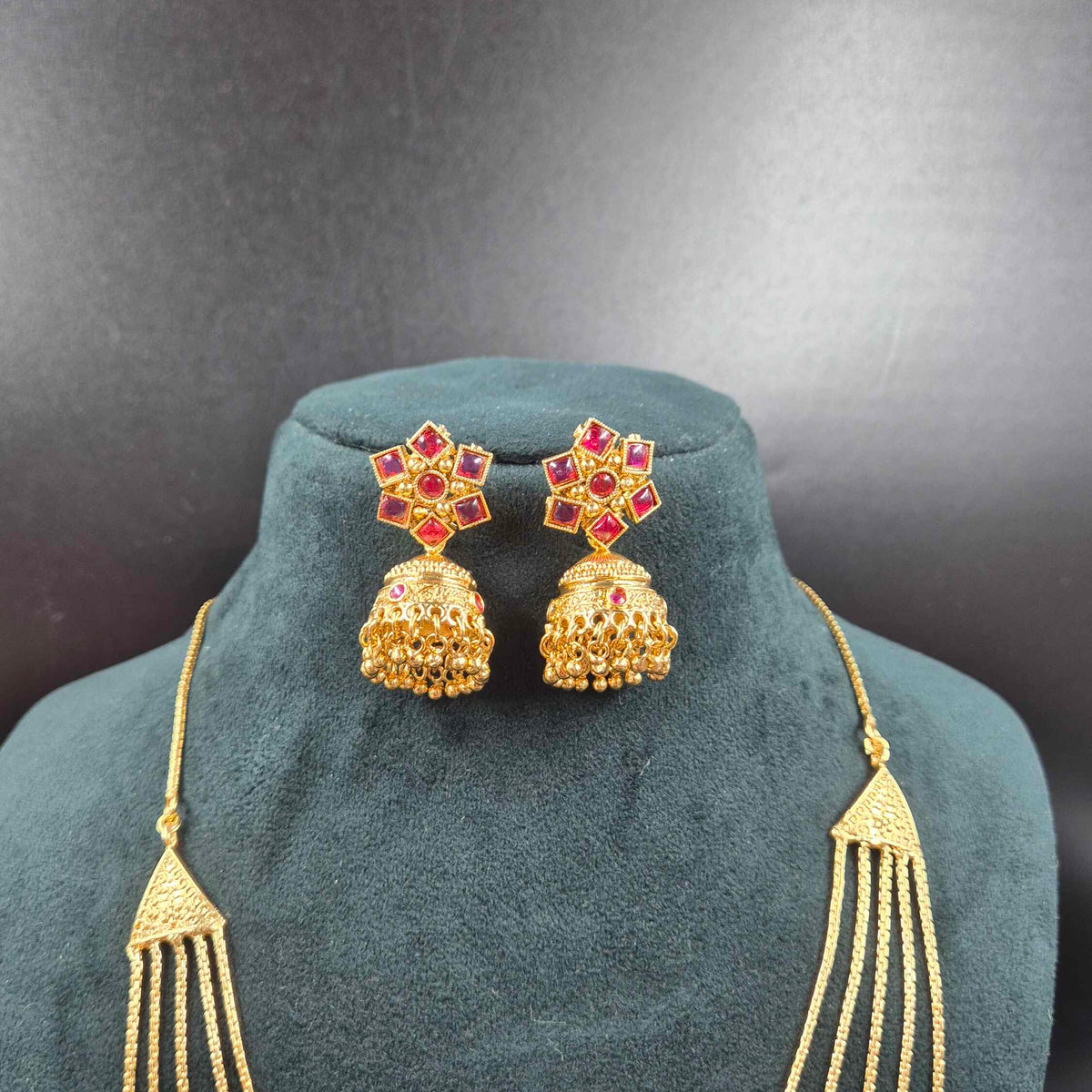 5 Layer Ruby Long Haram Necklace Set with  Earrings