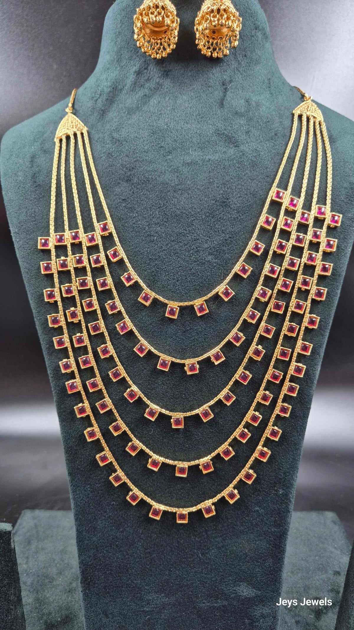 5 Layer Ruby Long Haram Necklace Set with  Earrings