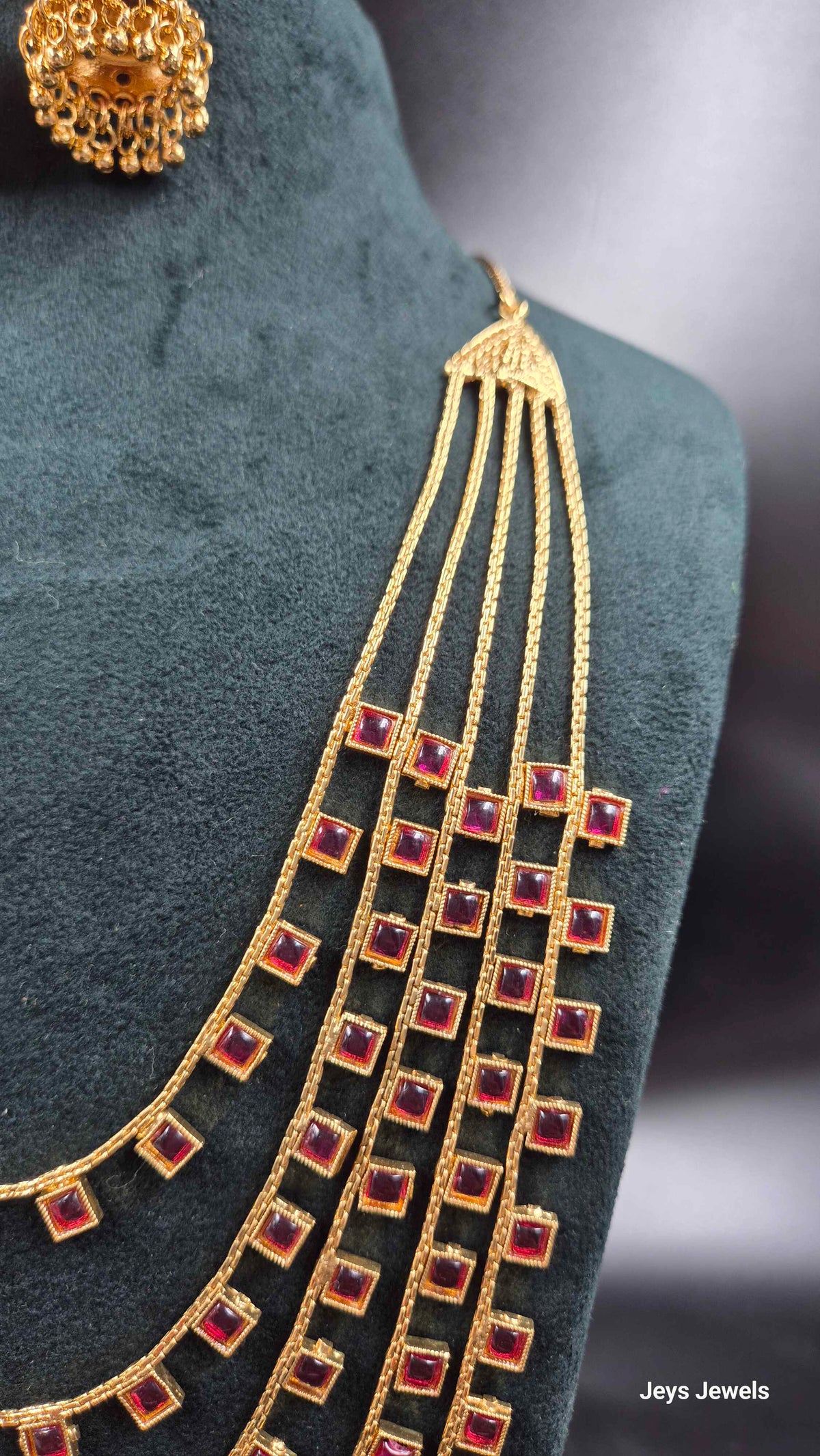 5 Layer Ruby Long Haram Necklace Set with  Earrings
