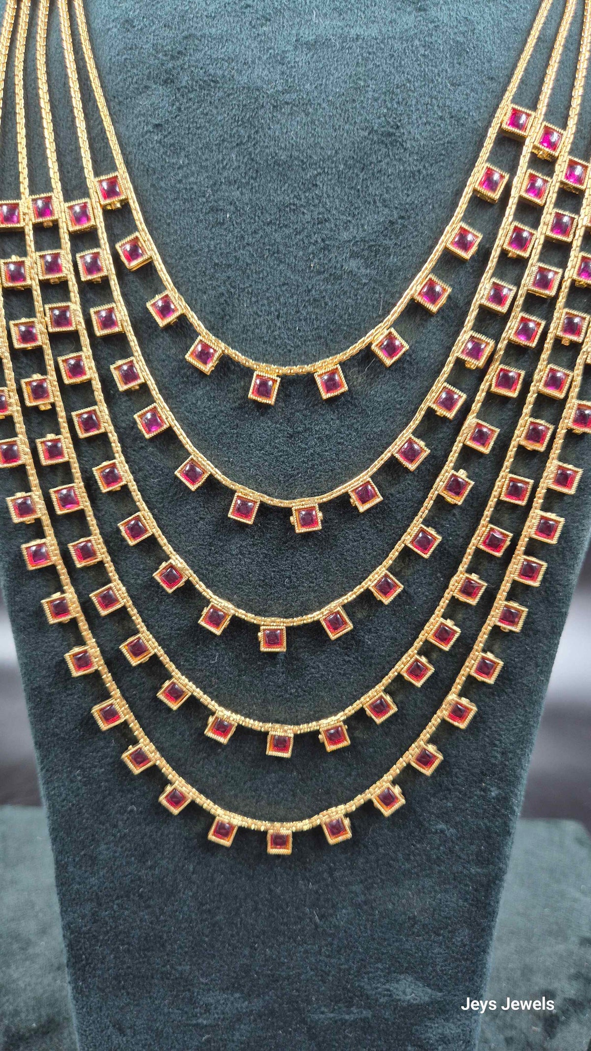 5 Layer Ruby Long Haram Necklace Set with  Earrings