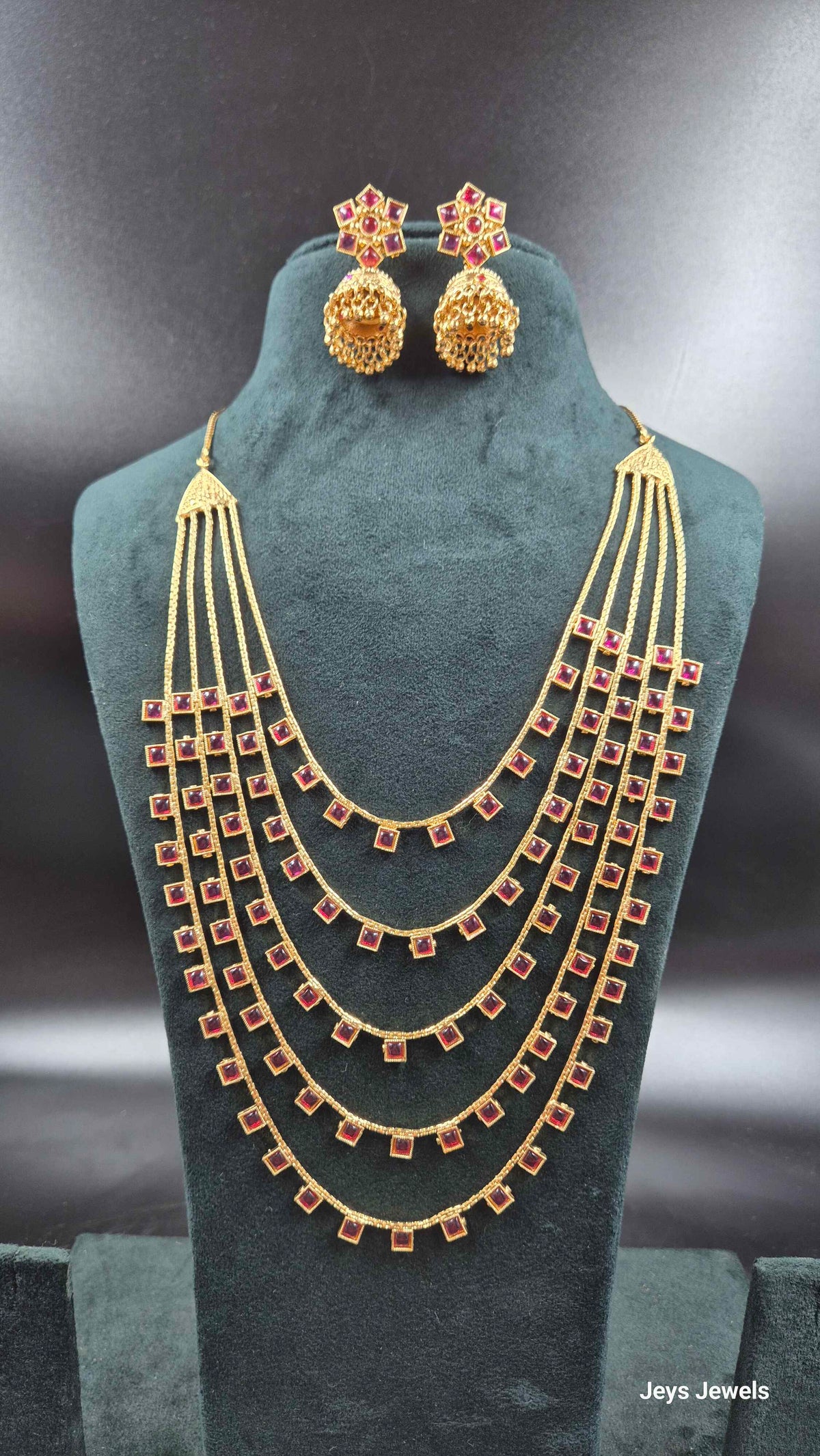 5 Layer Ruby Long Haram Necklace Set with  Earrings