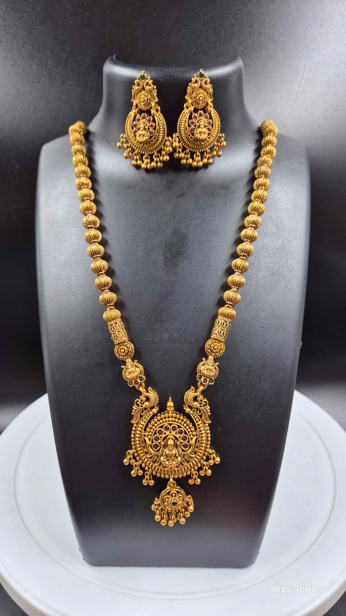 Gold Lakshmi Pendant Long Necklace Set with chandbali Earrings