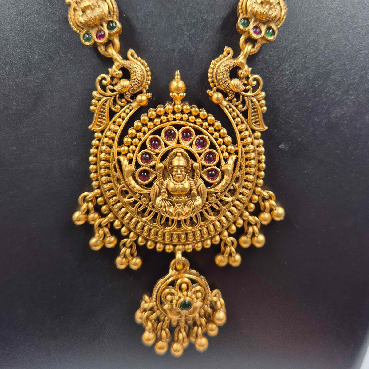 Gold Lakshmi Pendant Long Necklace Set with chandbali Earrings