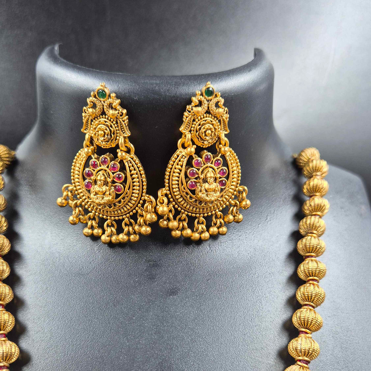 Gold Lakshmi Pendant Long Necklace Set with chandbali Earrings