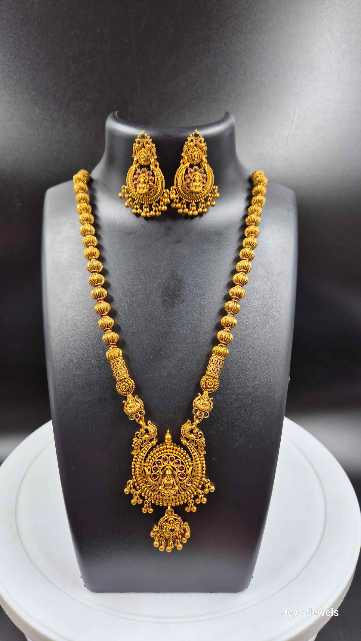 Gold Lakshmi Pendant Long Necklace Set with chandbali Earrings