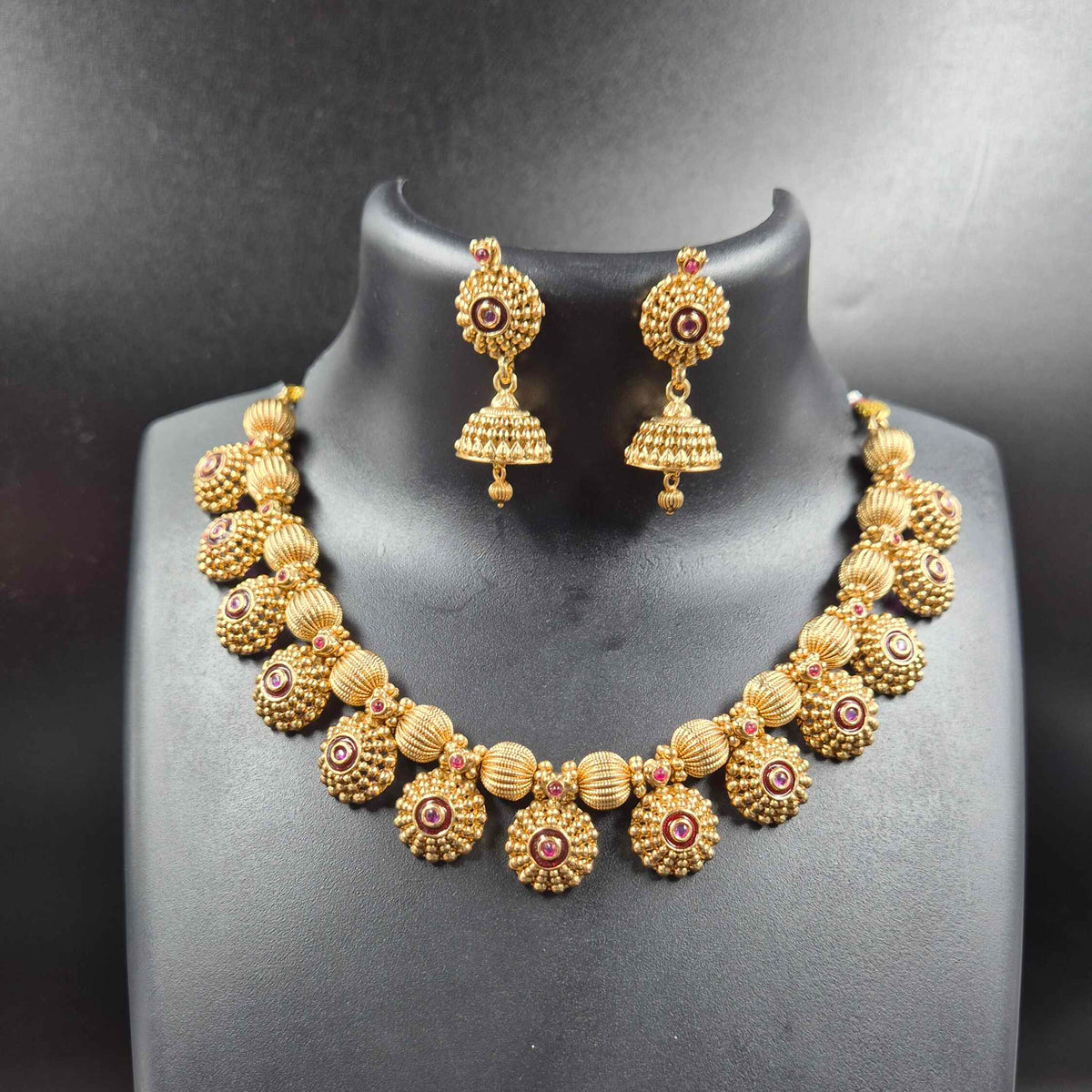 Non idol Gold Floral Necklace Set with Jhumkas