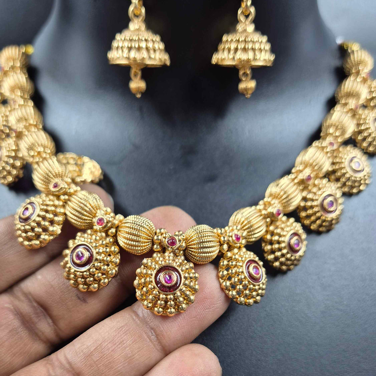 Non idol Gold Floral Necklace Set with Jhumkas