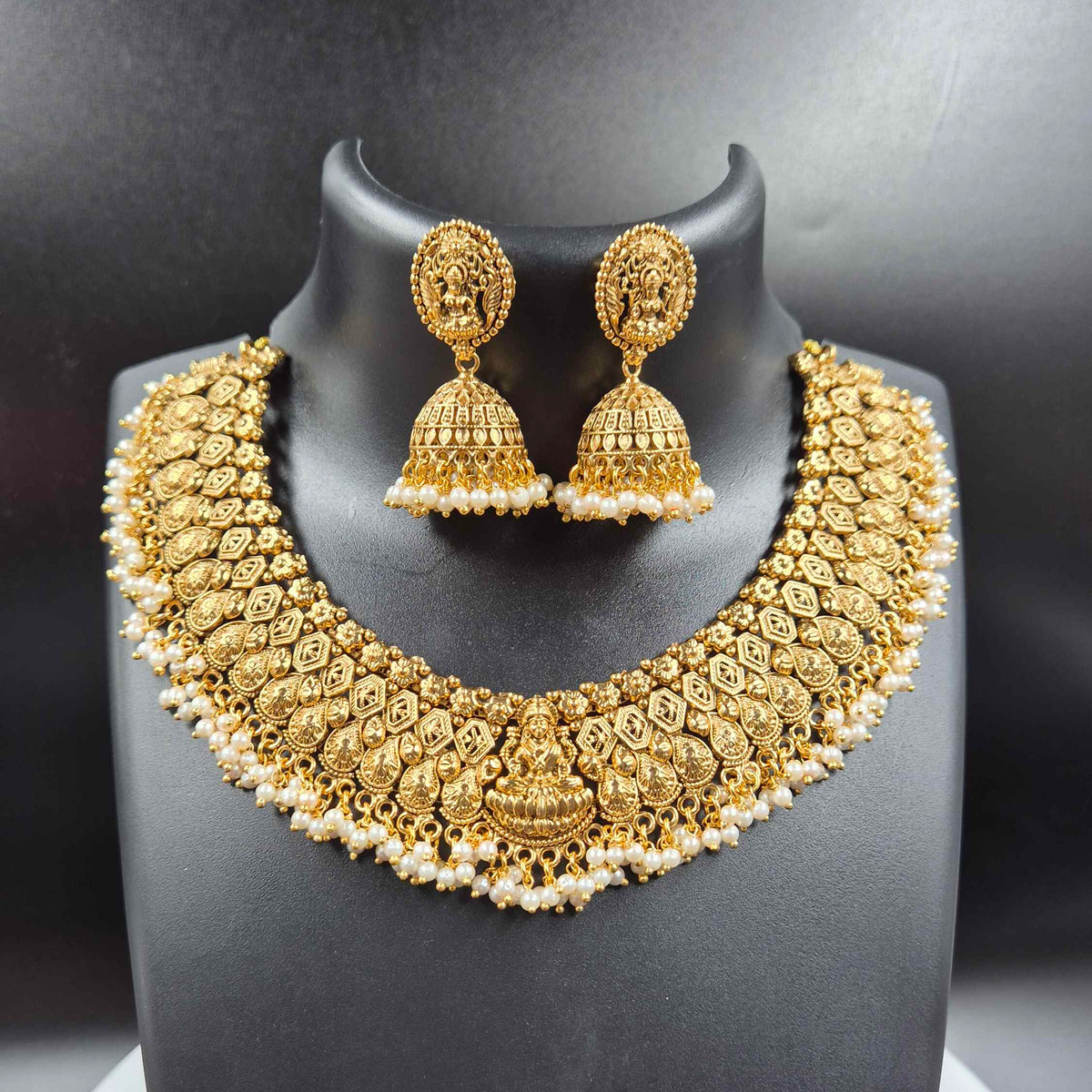 Antique lakshmi Necklace with Pearl Border & Jhumkas