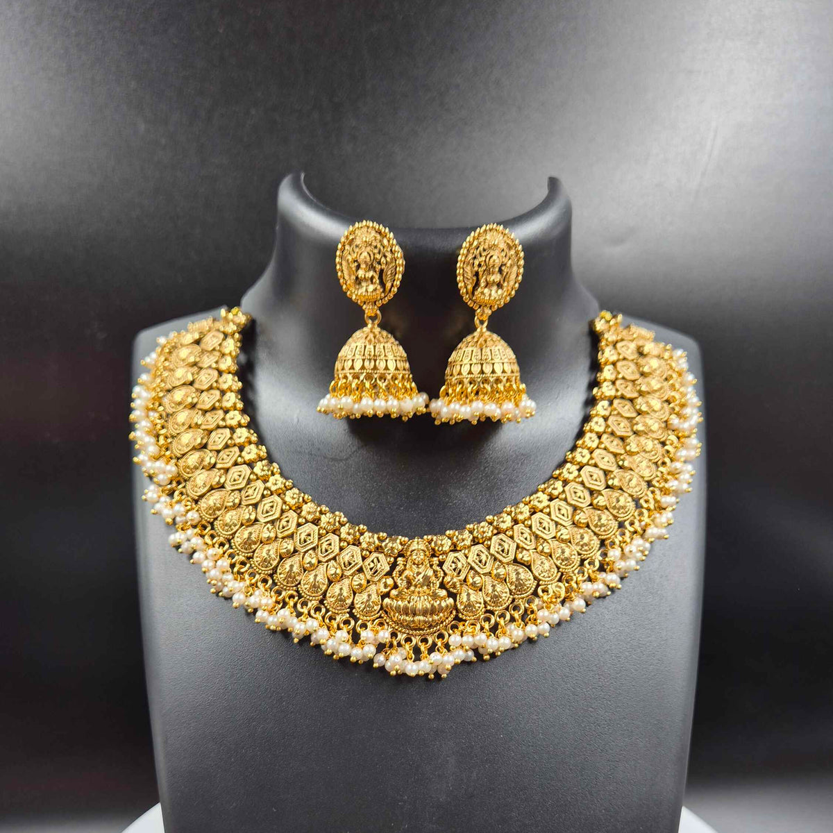 Antique lakshmi Necklace with Pearl Border & Jhumkas