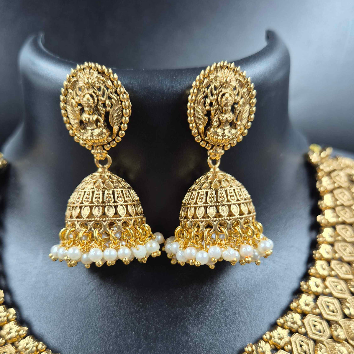 Antique lakshmi Necklace with Pearl Border & Jhumkas