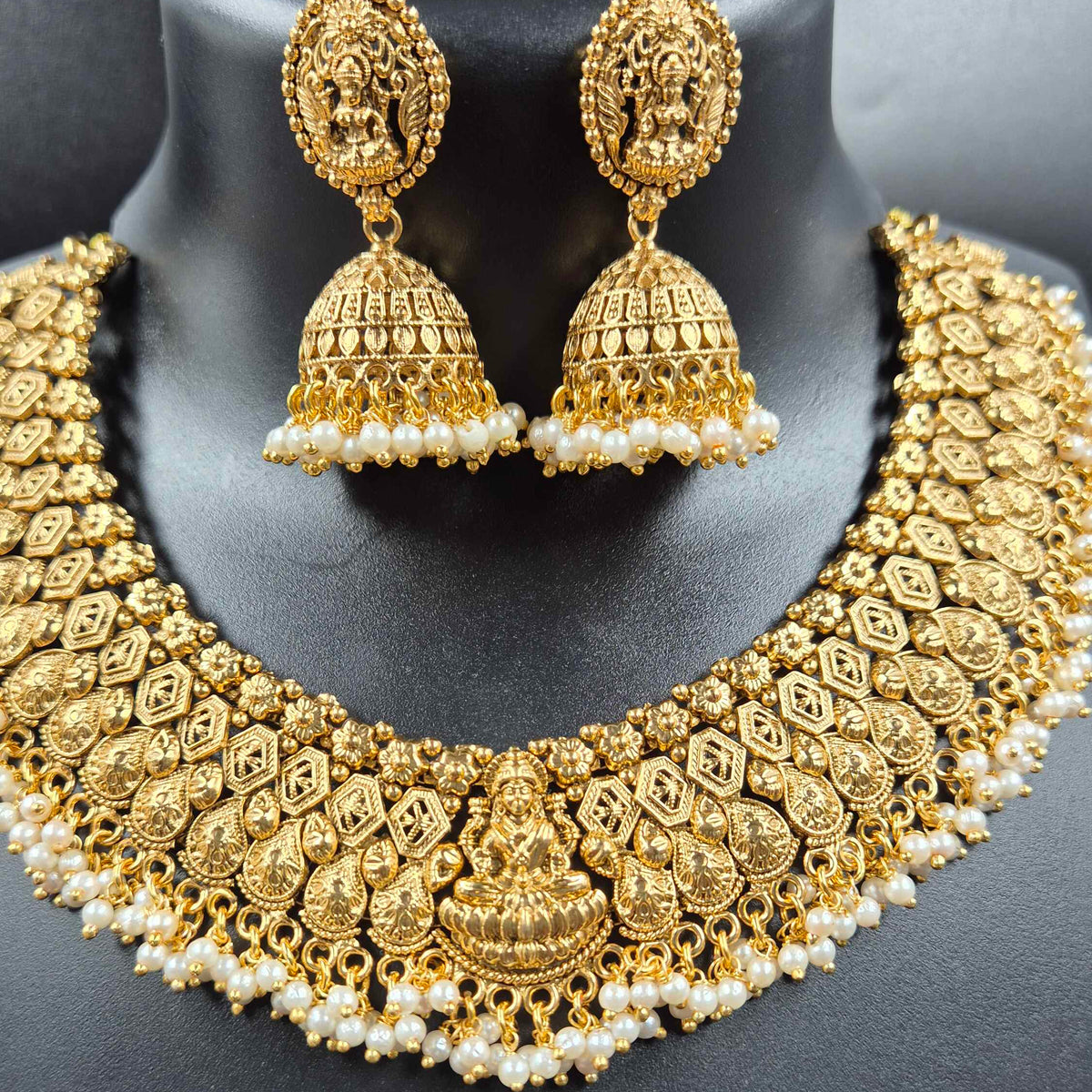 Antique lakshmi Necklace with Pearl Border & Jhumkas