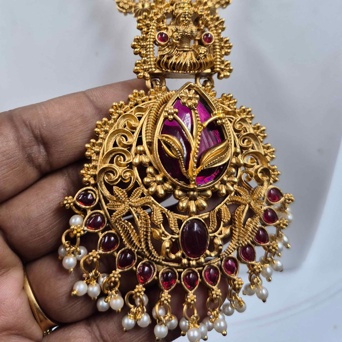 Lakshmi Long Necklace with Ruby & Pearl Pendant Set