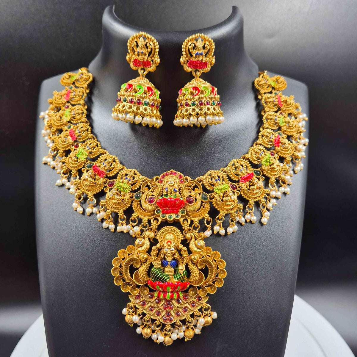Lakshmi Meenakari Necklace Set with Pearl Jhumkas