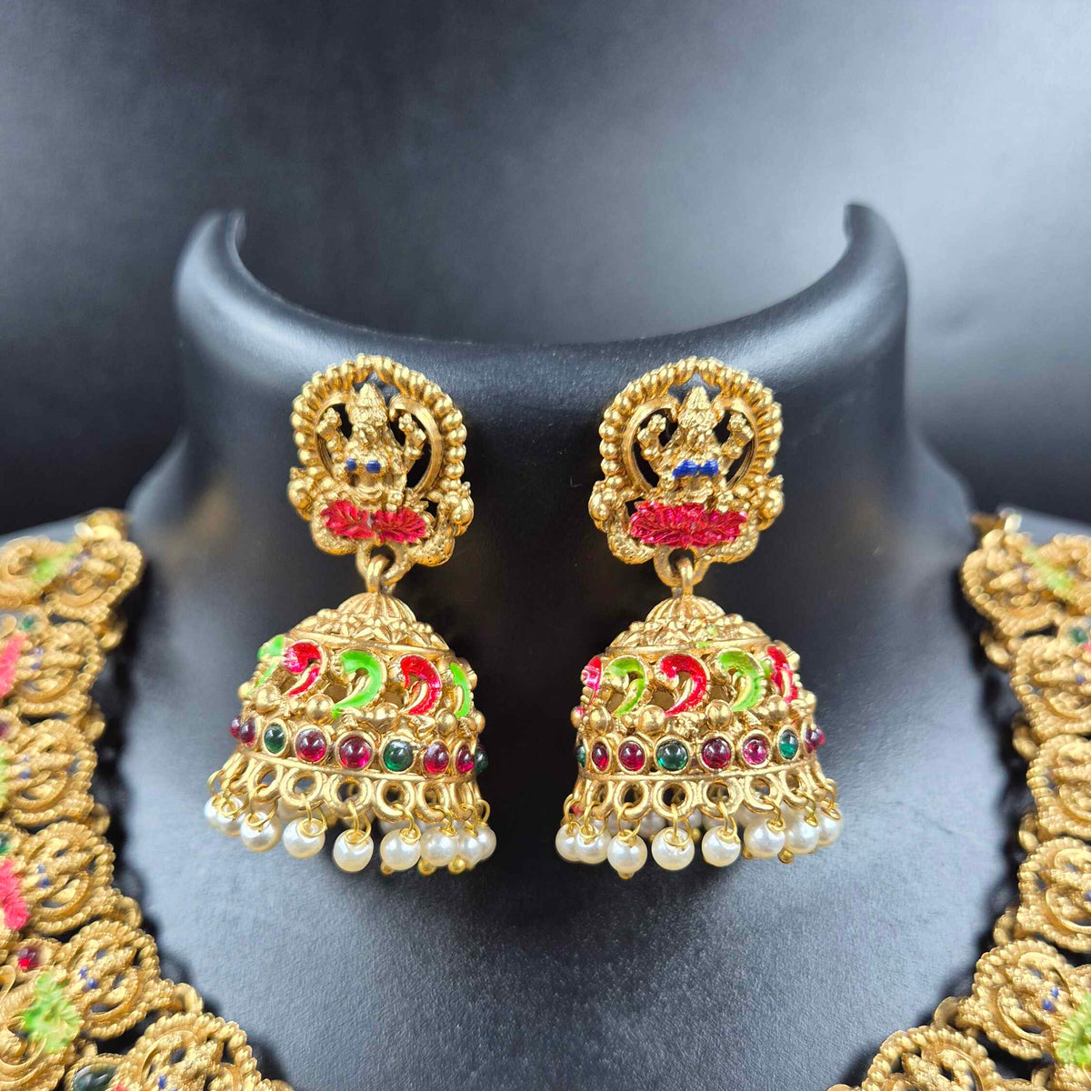 Lakshmi Meenakari Necklace Set with Pearl Jhumkas