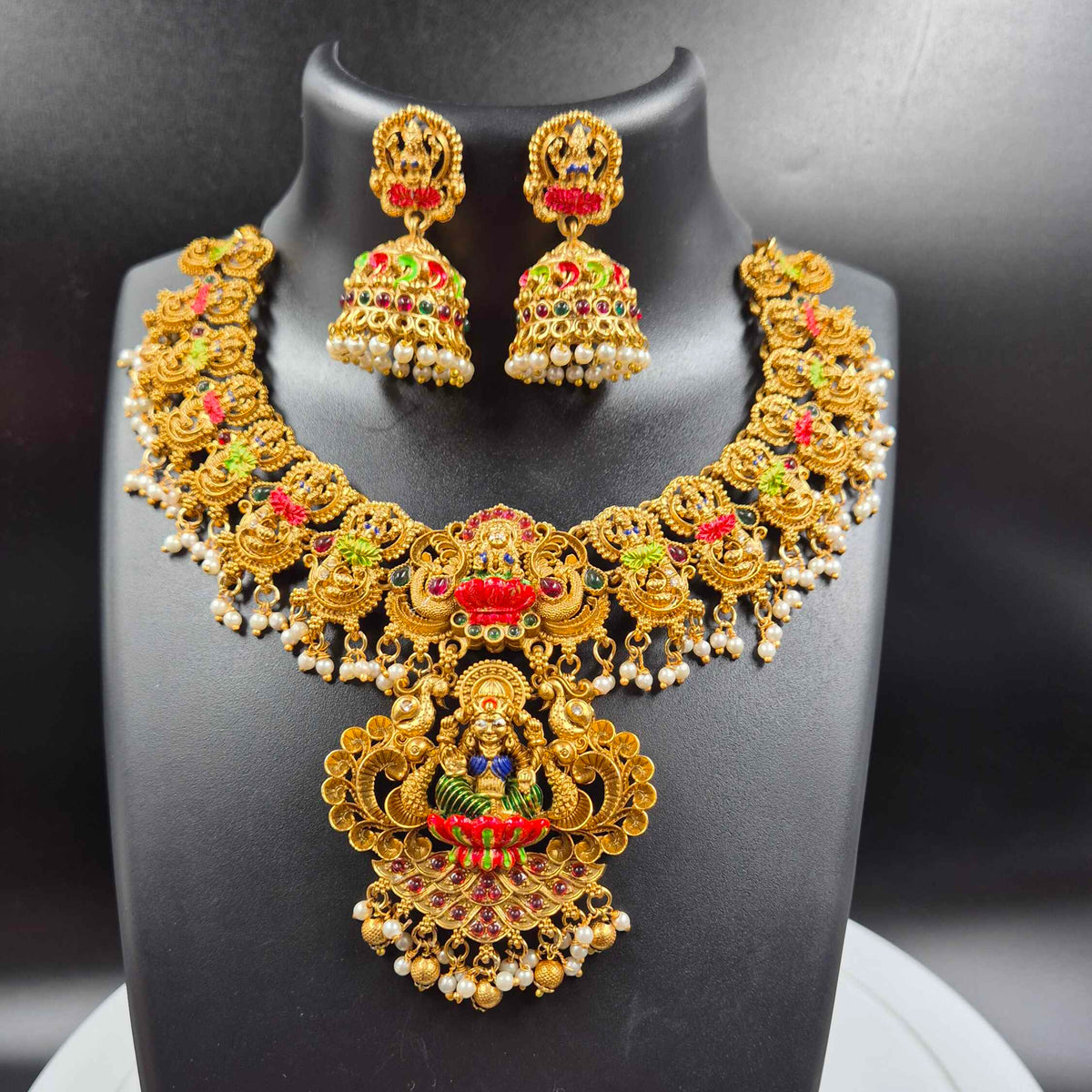 Lakshmi Meenakari Necklace Set with Pearl Jhumkas