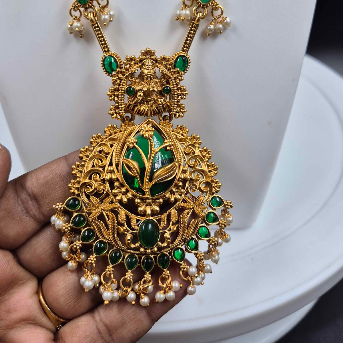 Green Stone Temple Necklace Set with Peacock Pendant