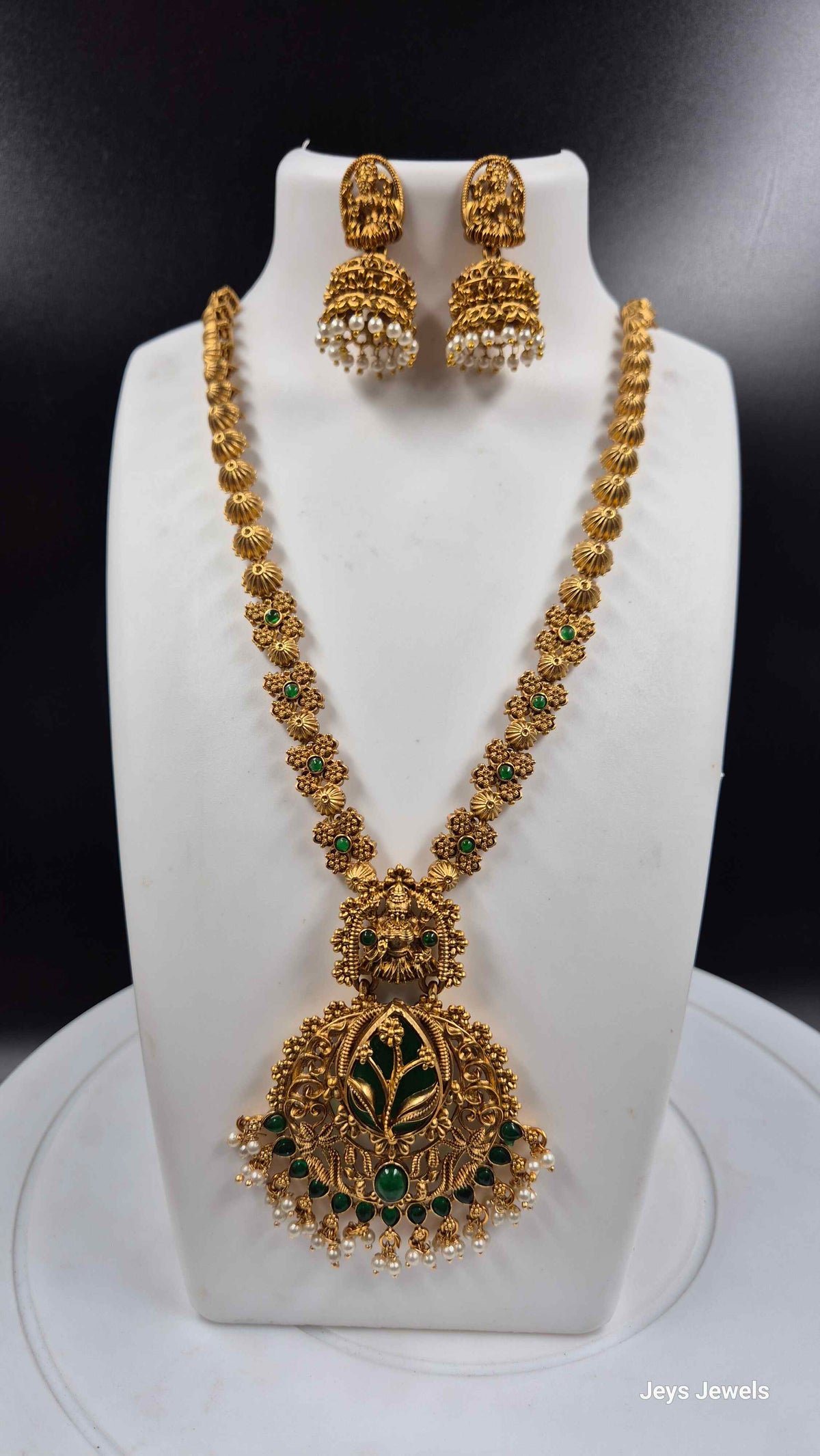 Green Stone Lakshmi Long Necklace Set with Jhumka Earrings