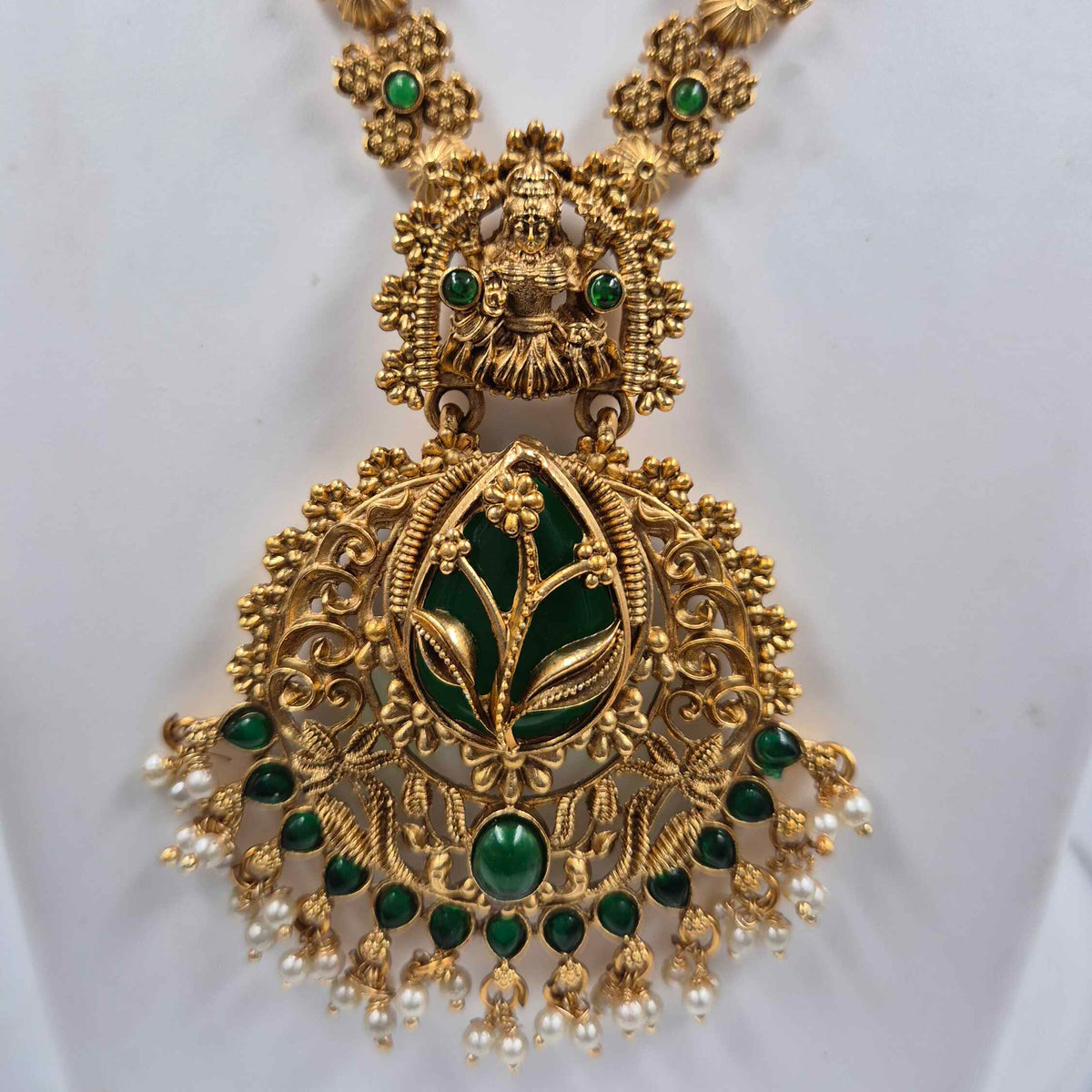Green Stone Lakshmi Long Necklace Set with Jhumka Earrings