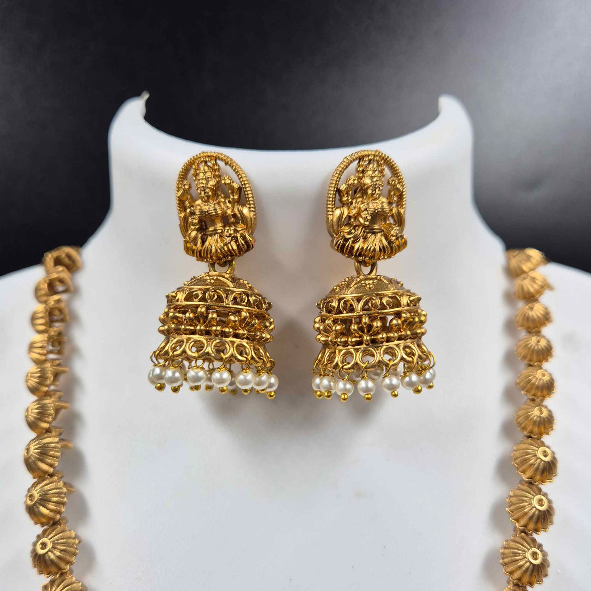 Green Stone Lakshmi Long Necklace Set with Jhumka Earrings