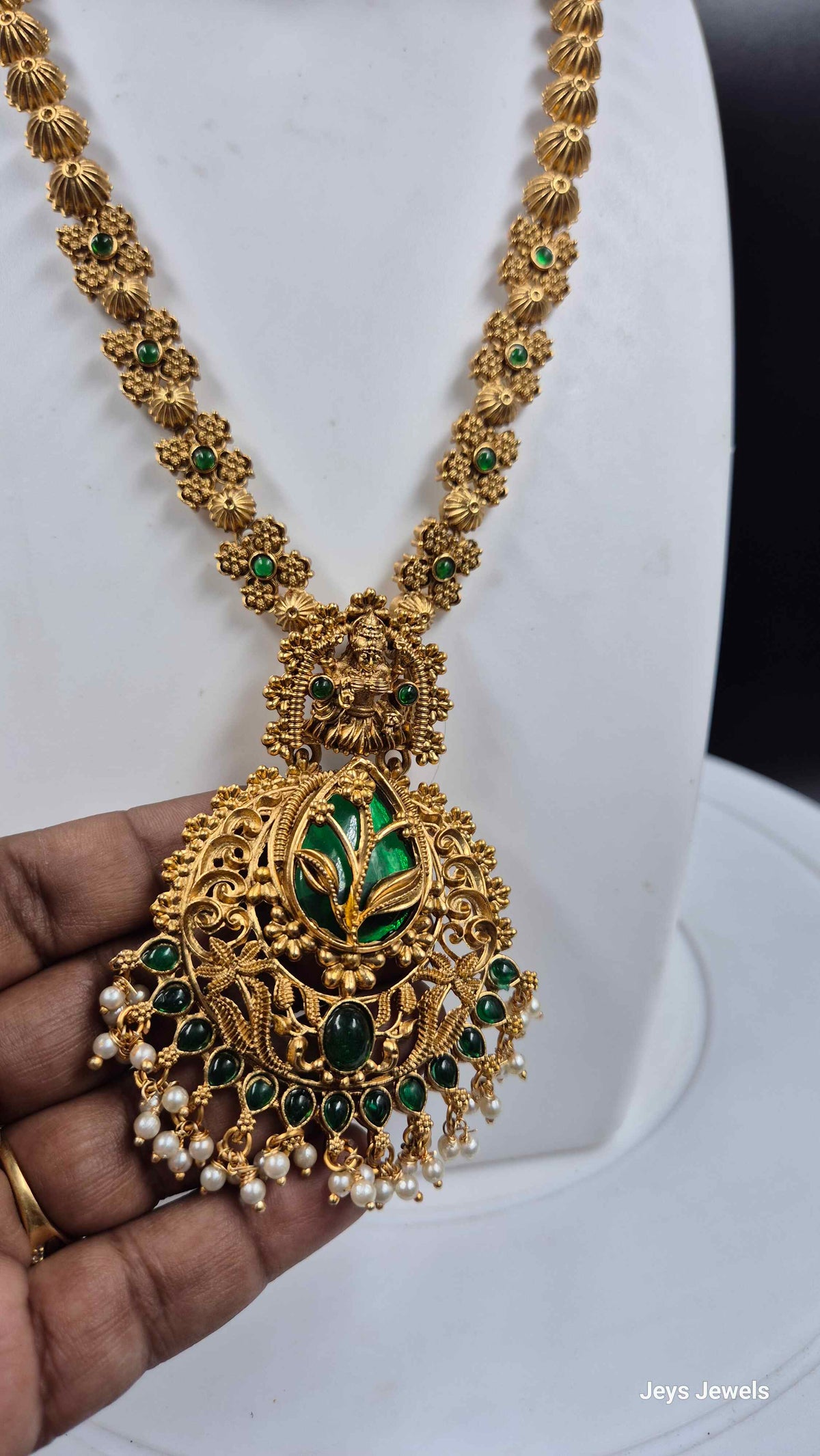 Green Stone Lakshmi Long Necklace Set with Jhumka Earrings