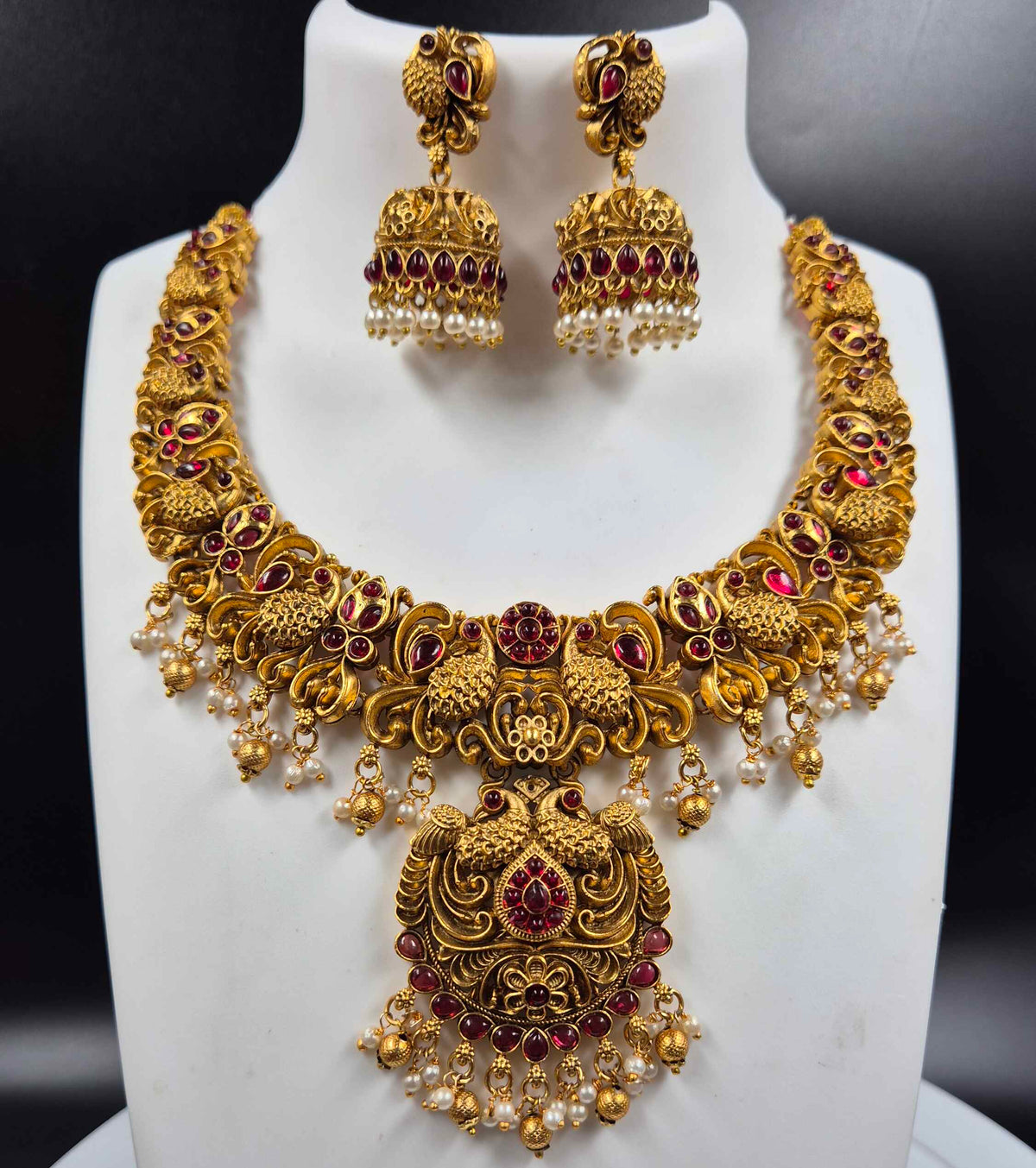 Ruby Stone Peacock Temple Necklace Set with Jhumkas
