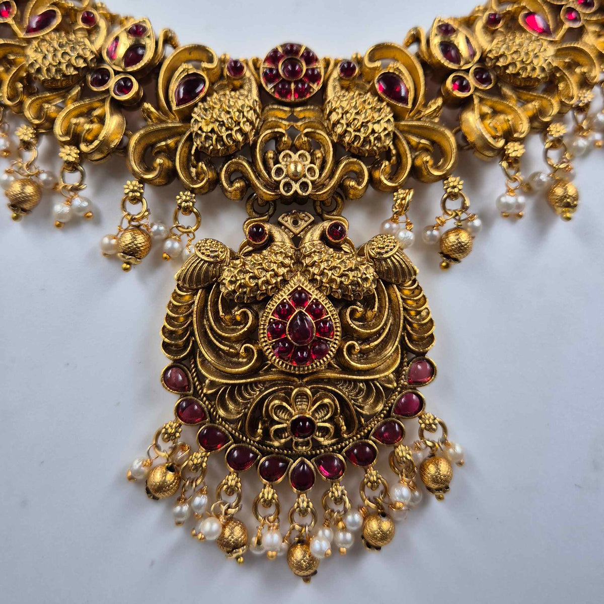 Ruby Stone Peacock Temple Necklace Set with Jhumkas