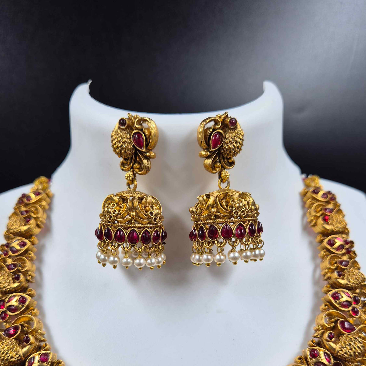 Ruby Stone Peacock Temple Necklace Set with Jhumkas