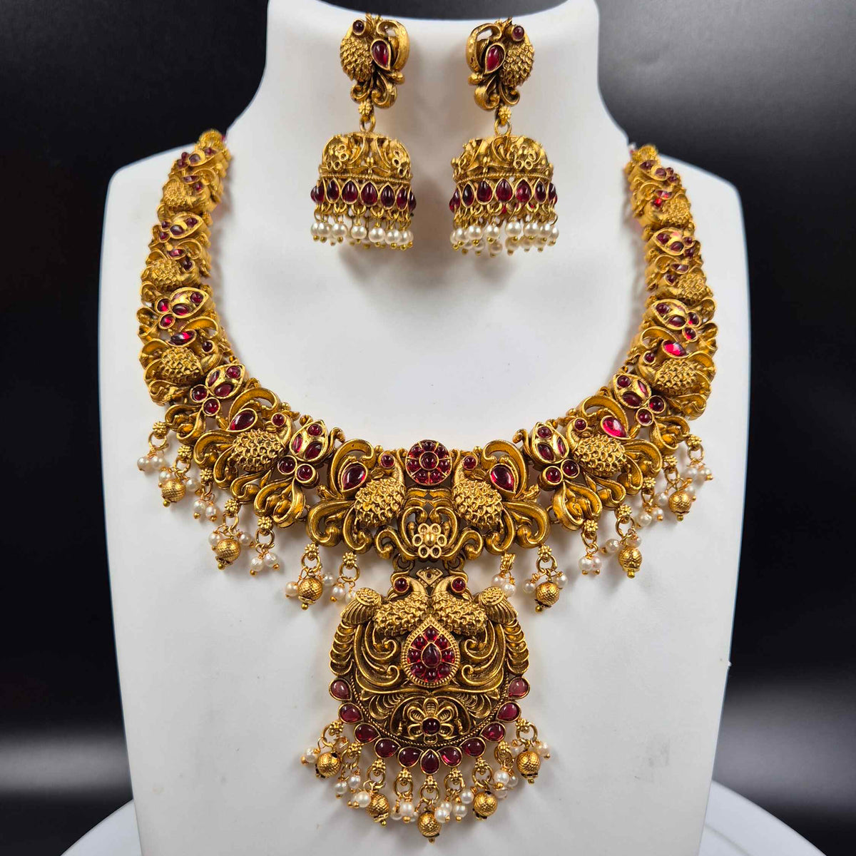 Ruby Stone Peacock Temple Necklace Set with Jhumkas