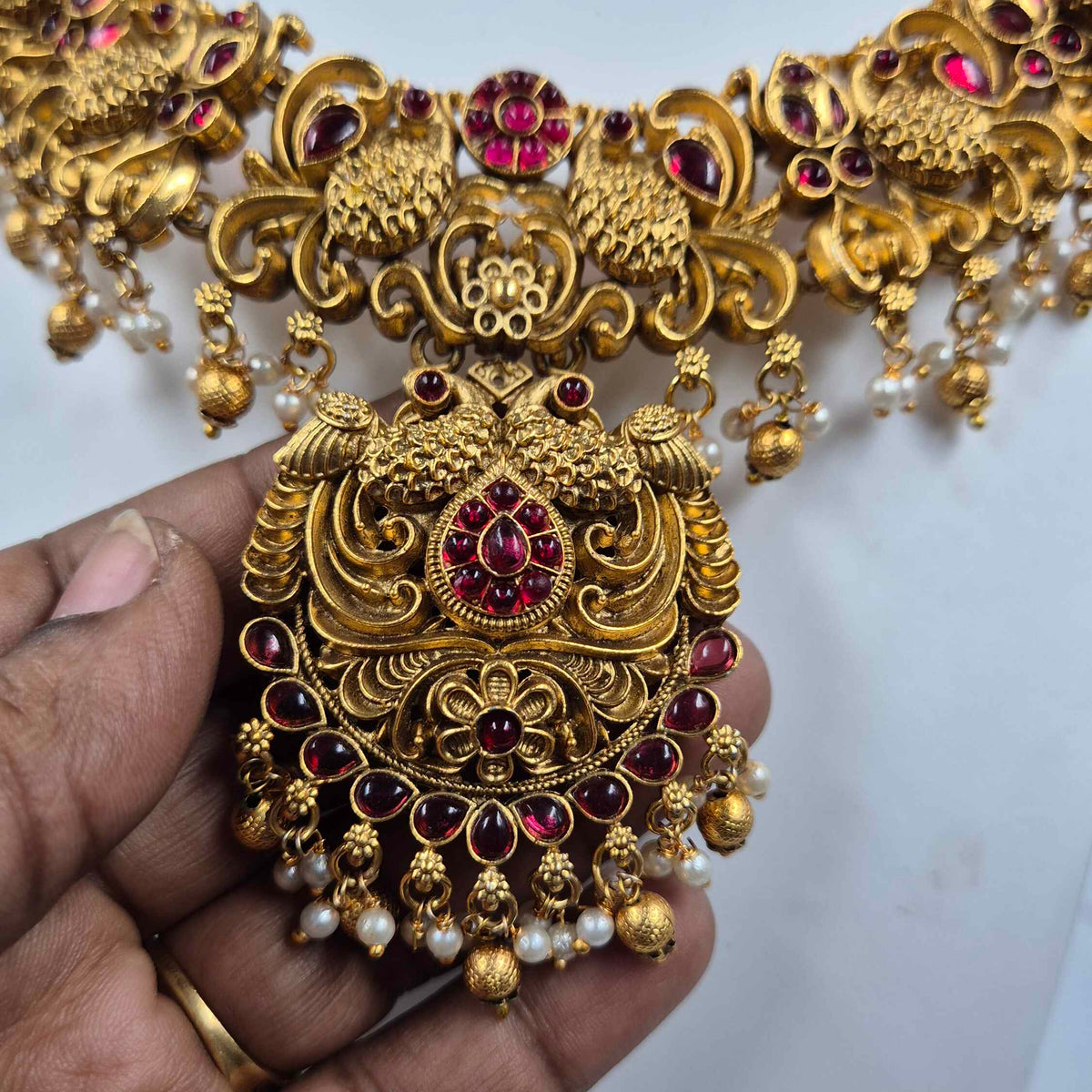 Ruby Stone Peacock Temple Necklace Set with Jhumkas