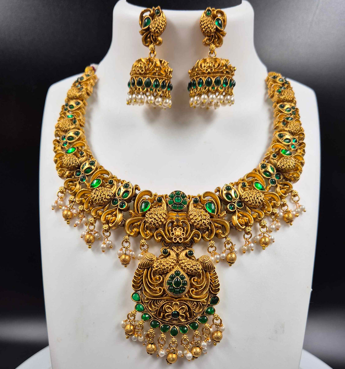 Green Stone Peacock Temple Necklace Set with Jhumkas