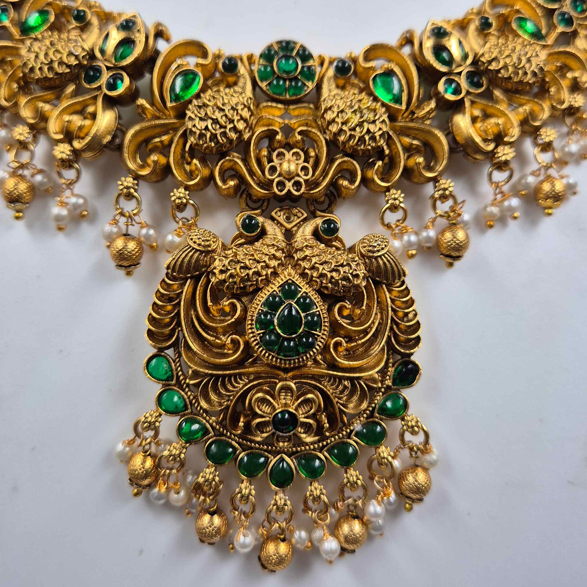 Green Stone Peacock Temple Necklace Set with Jhumkas