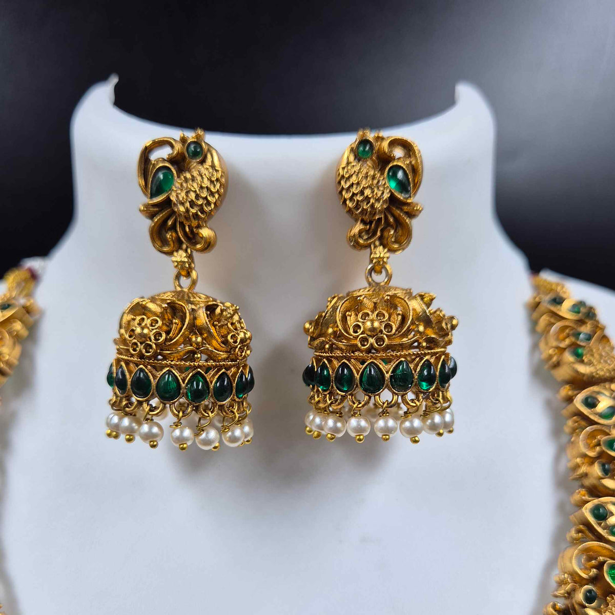Green Stone Peacock Temple Necklace Set with Jhumkas