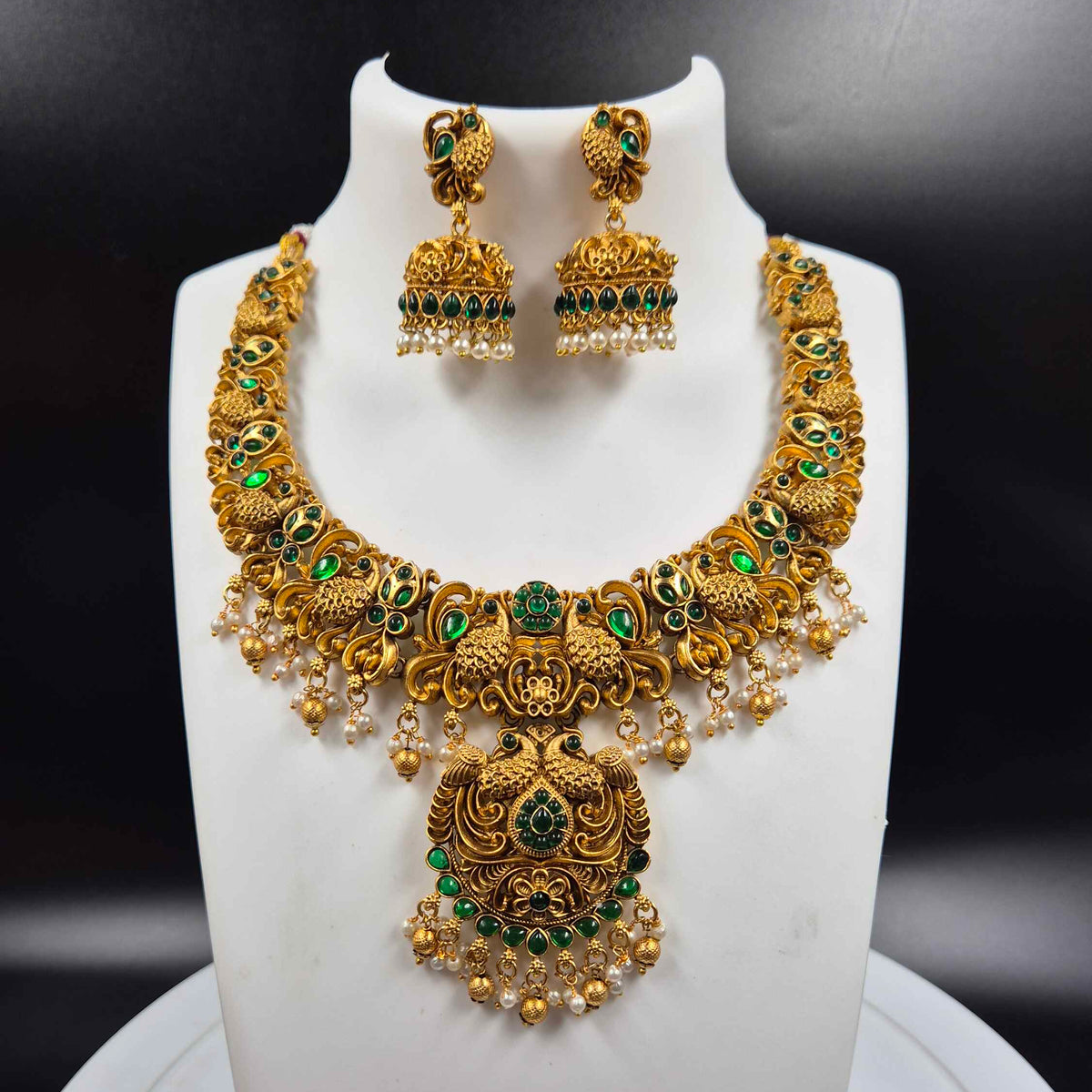 Green Stone Peacock Temple Necklace Set with Jhumkas
