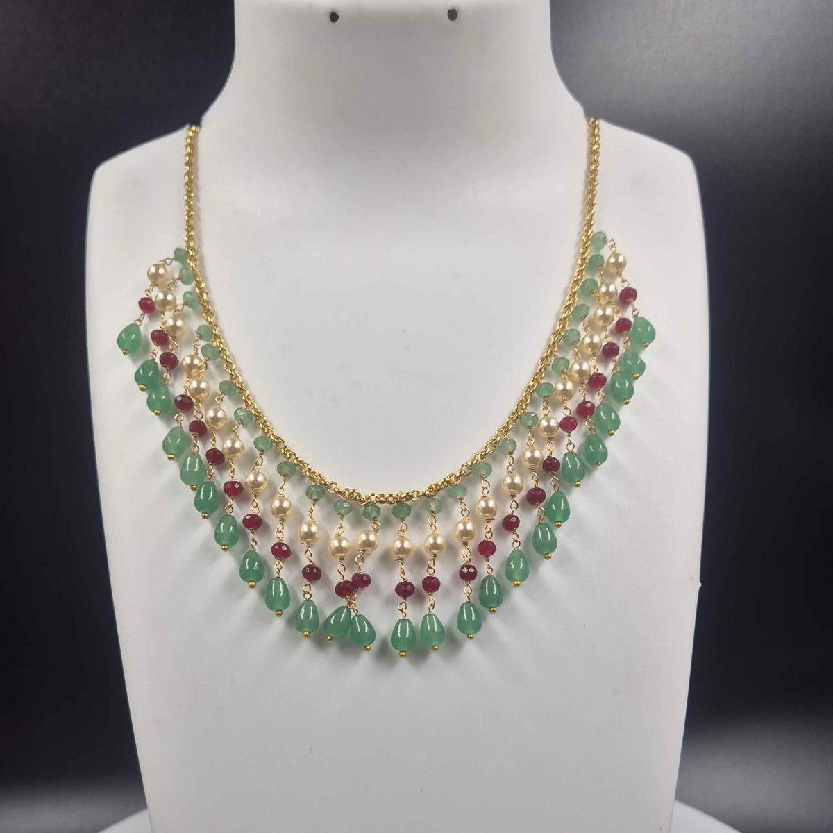 Green Beaded hanging Necklace with Pearl ,Ruby and green beads