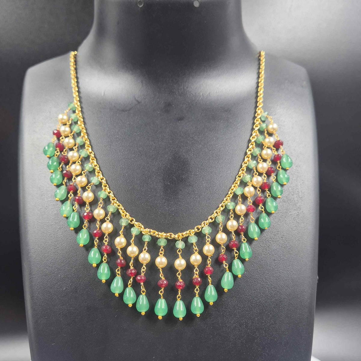 Green Beaded hanging Necklace with Pearl ,Ruby and green beads