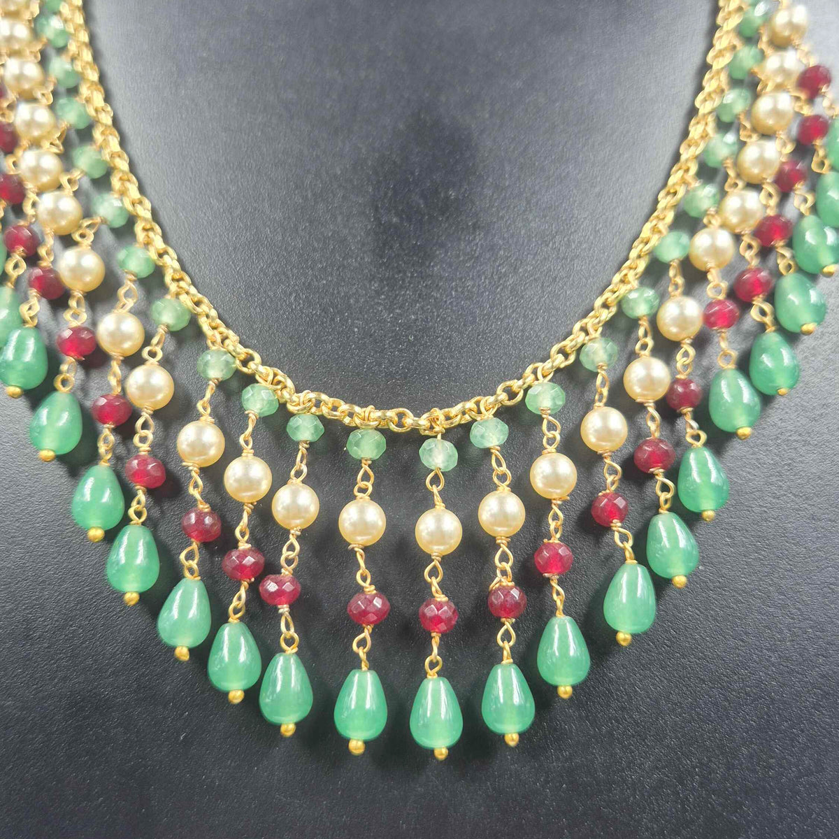 Green Beaded hanging Necklace with Pearl ,Ruby and green beads