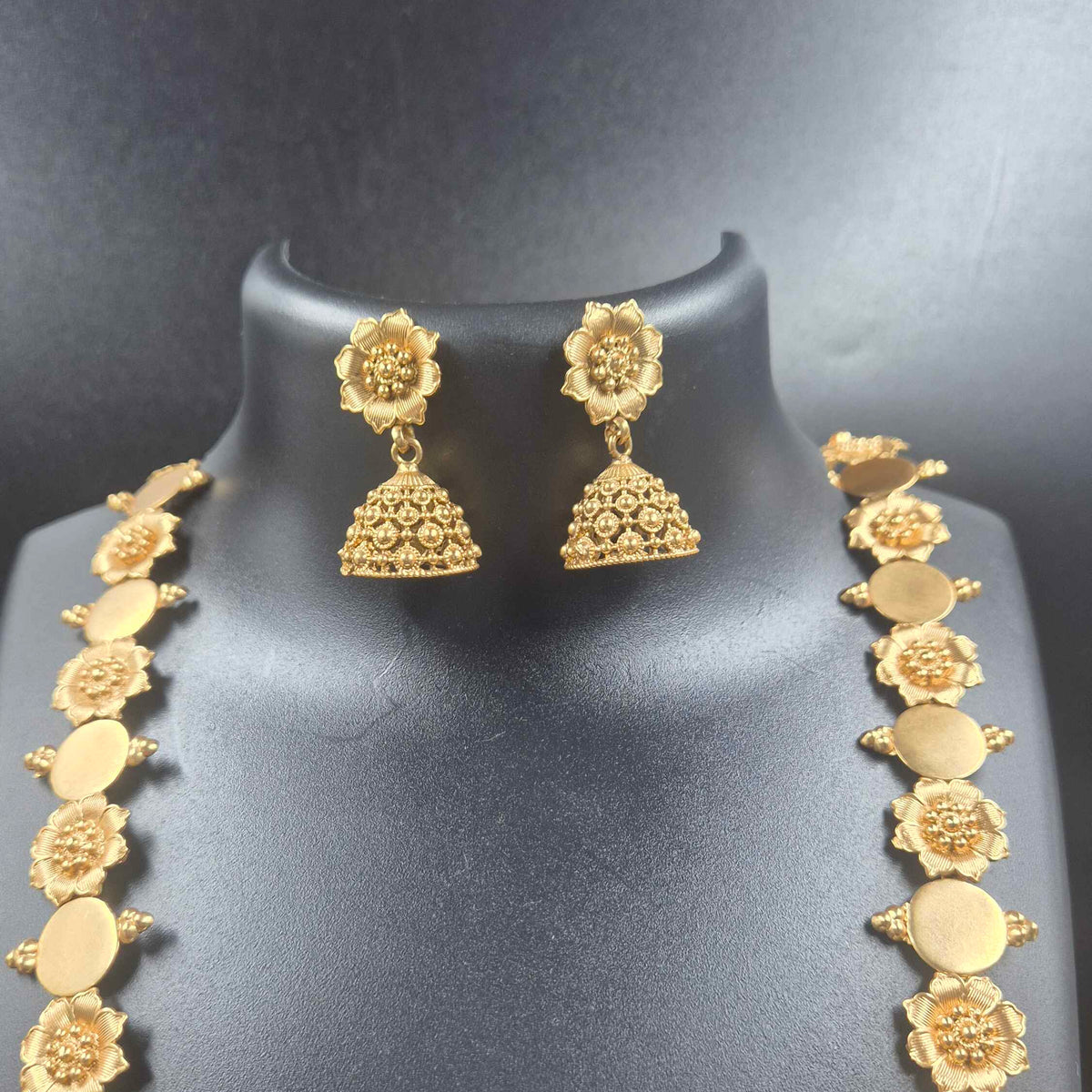 Gold Finish Floral Coin Necklace Set with Matching Jhumkas