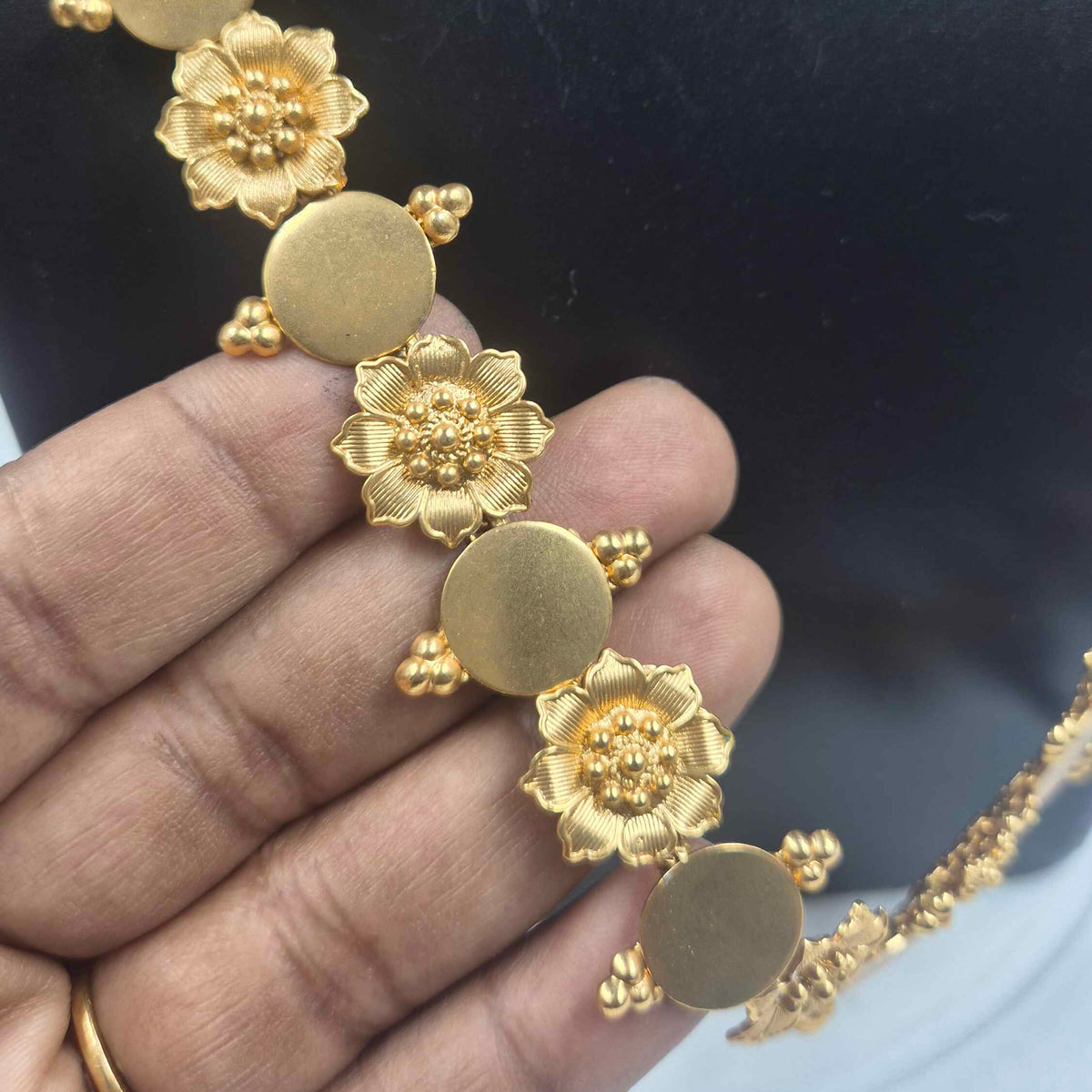 Gold Finish Floral Coin Necklace Set with Matching Jhumkas