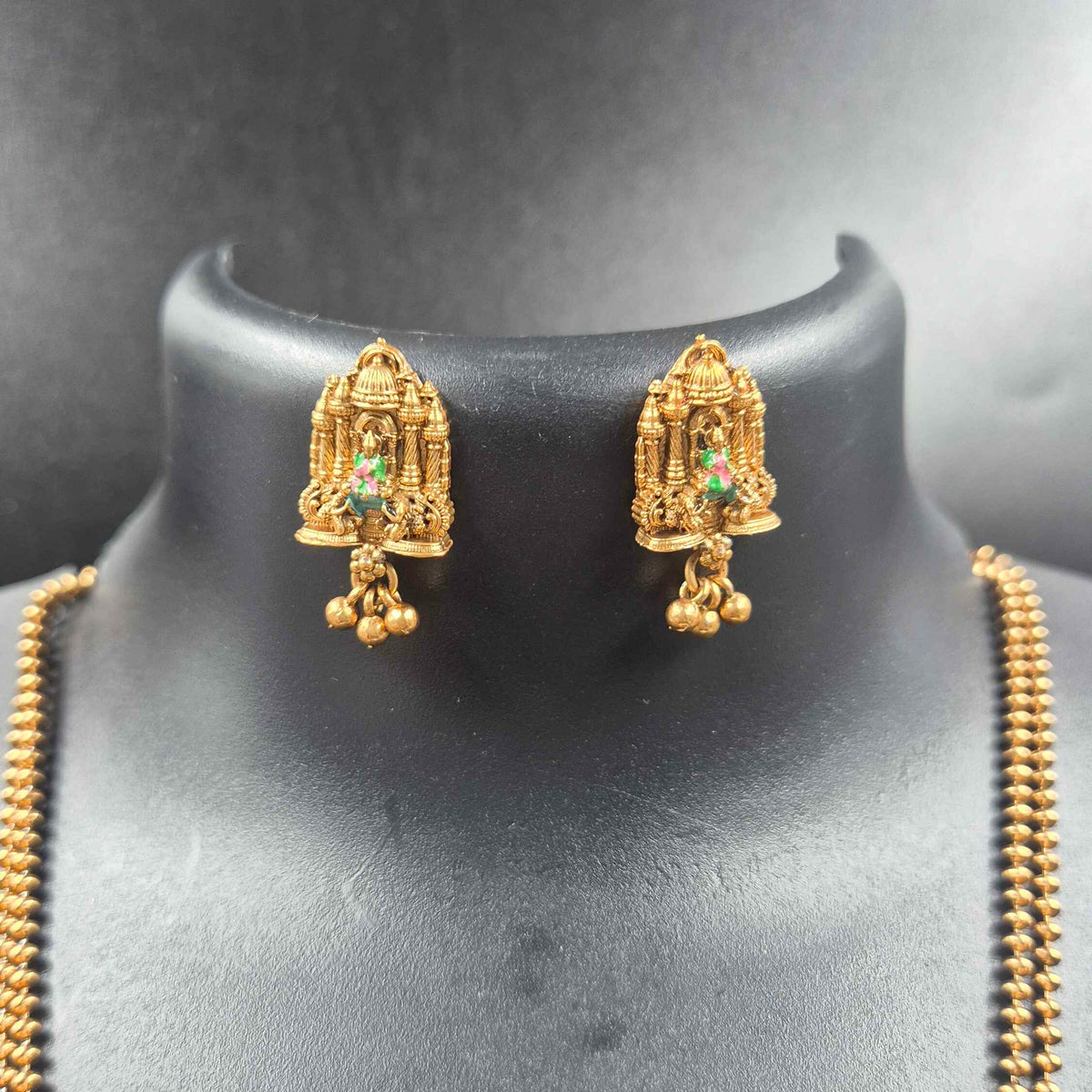 Double strand gold bead chain lakshmi haram & Earrings