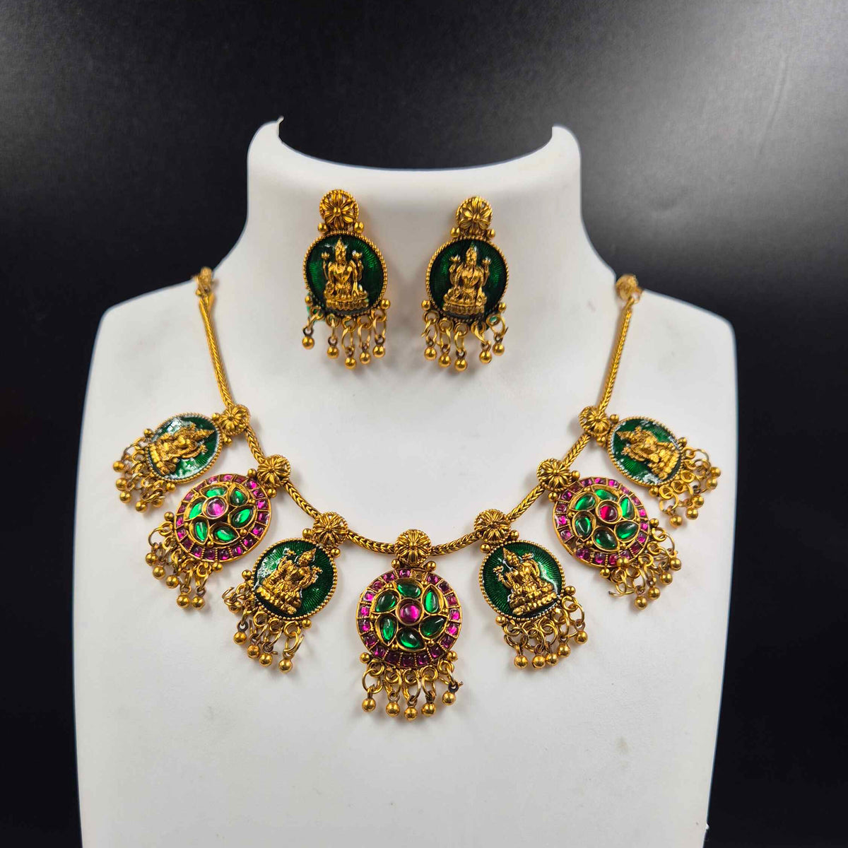Green Temple Necklace Set with Lakshmi Motif & Pink Green Stones