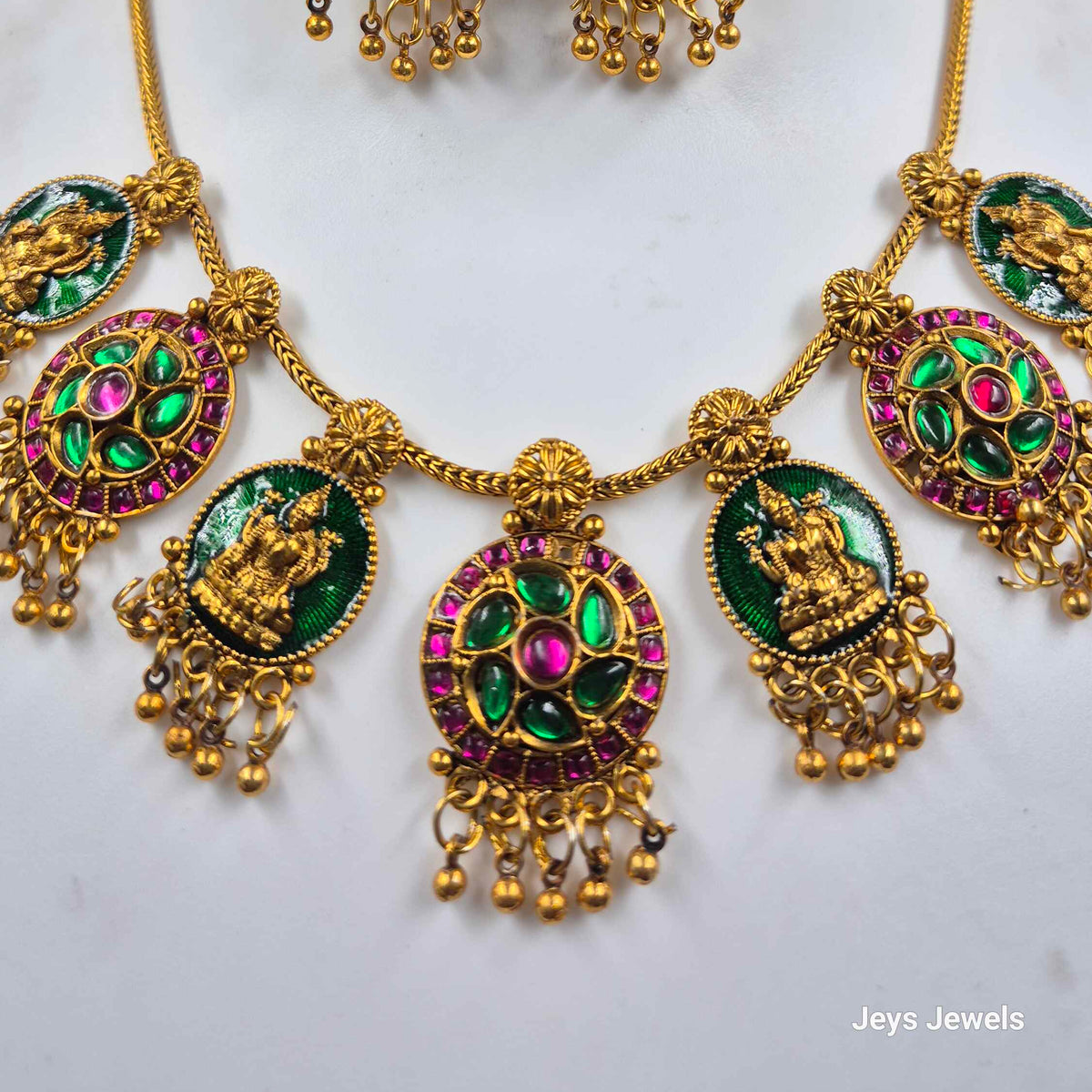 Green Temple Necklace Set with Lakshmi Motif & Pink Green Stones