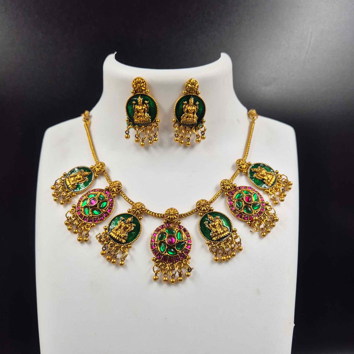 Green Temple Necklace Set with Lakshmi Motif & Pink Green Stones