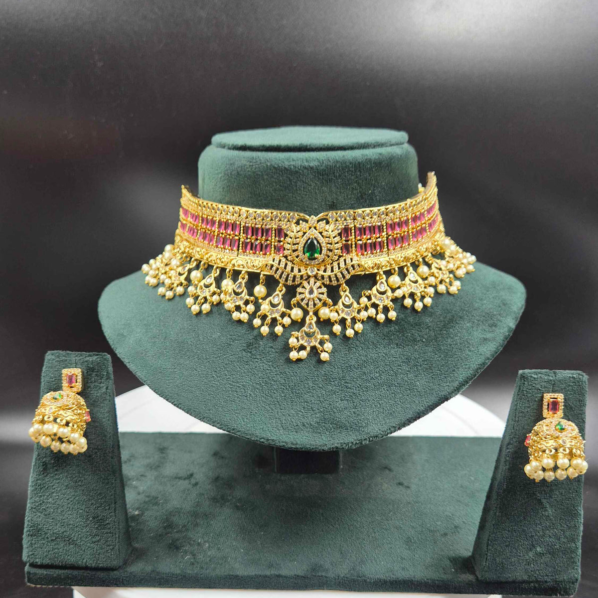 Green Emerald & Pink Stone Bridal Choker Set with Pearl Jhumkas