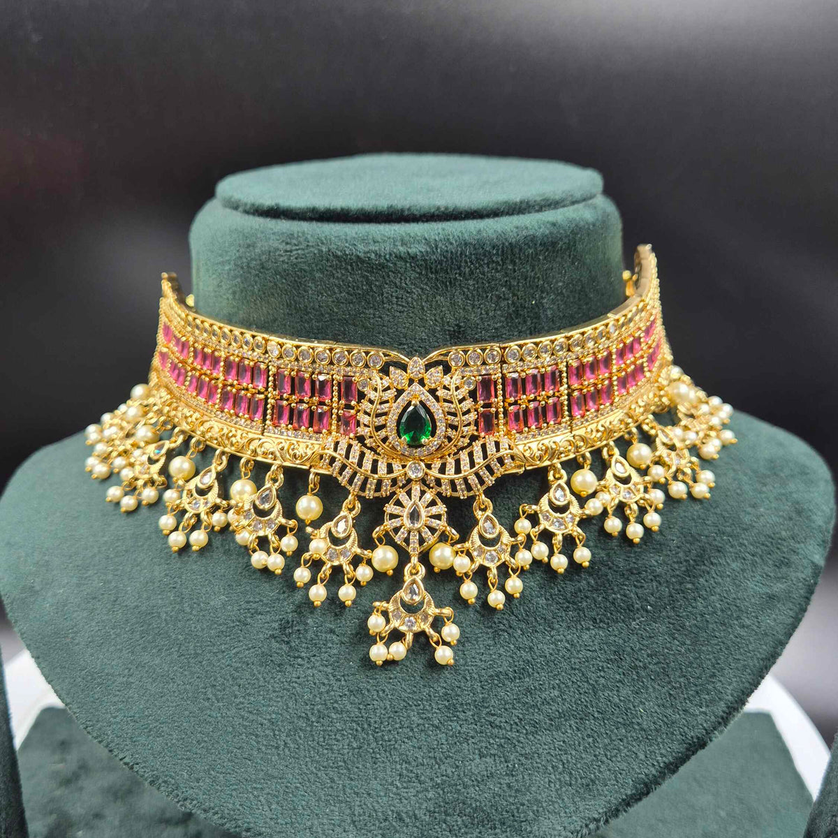 Green Emerald & Pink Stone Bridal Choker Set with Pearl Jhumkas