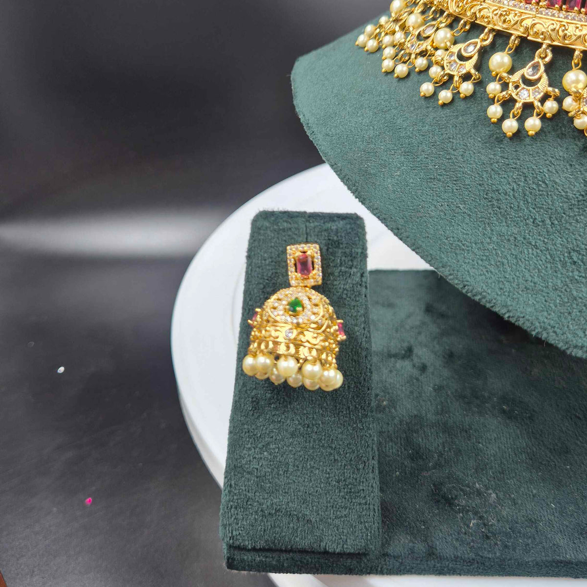 Green Emerald & Pink Stone Bridal Choker Set with Pearl Jhumkas